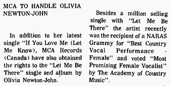 MCA (Canada) to handle Olivia Newton-John - Golden Star