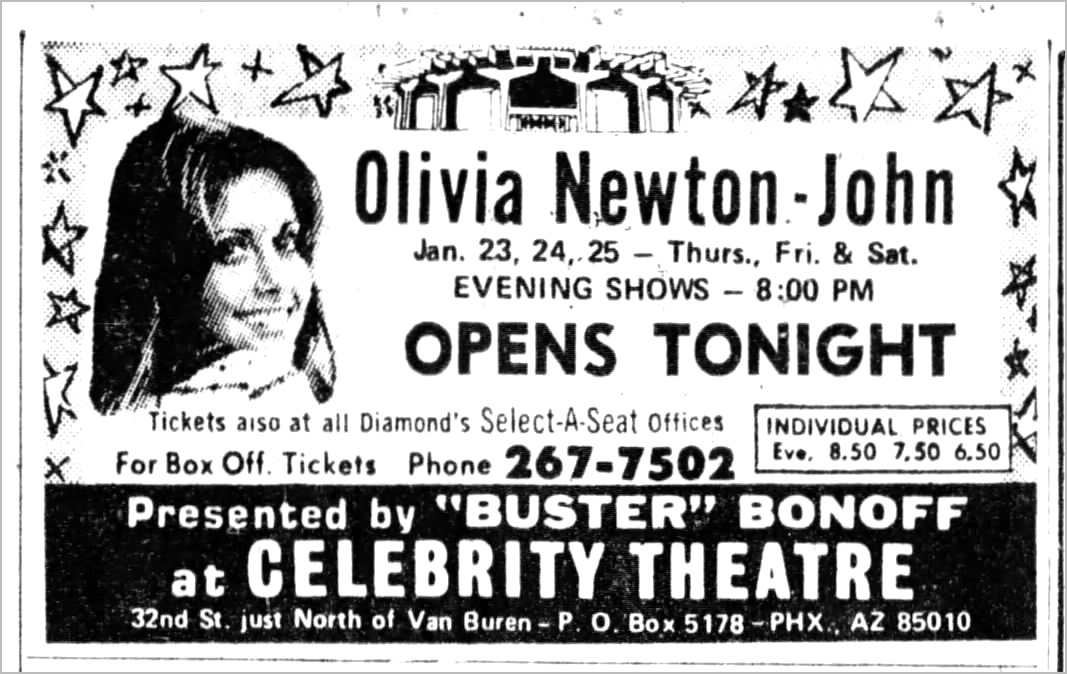 Olivia to appear at The Van Buren, Phoenix Jan 23, 24,25 1975 - Arizona Republic