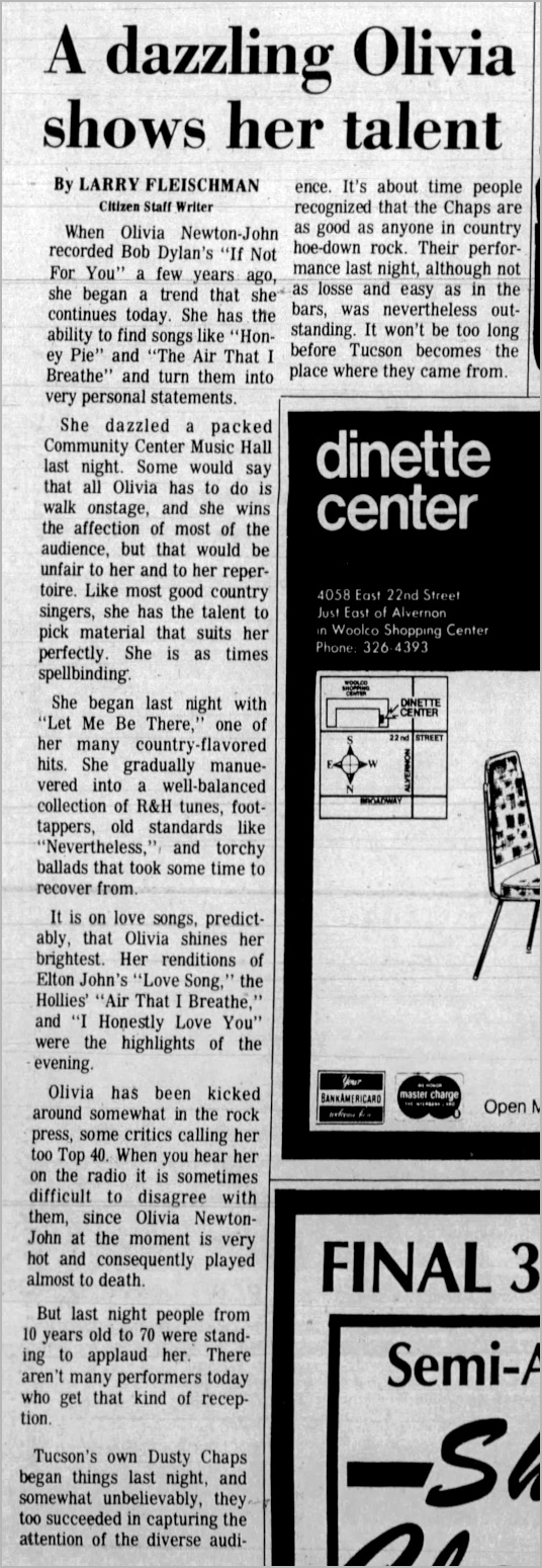 Dazzling Olivia shows her talent, Tucson, AZ concert Jan 22 1975 - Tucson Citizen