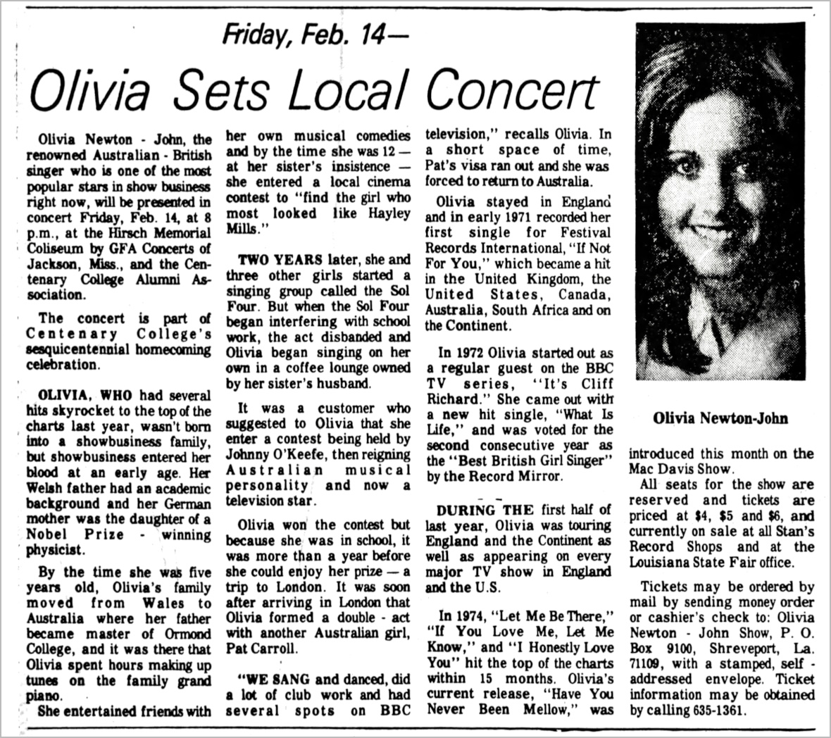 Olivia to appear at Hirsch Memorial Coliseum Feb 14 1975 - The Shreveport Journal