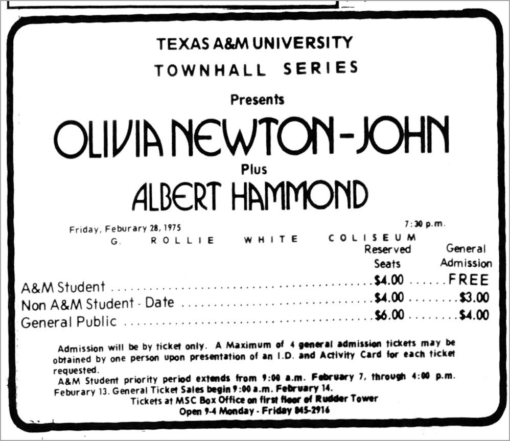 Ticket advert for Texas A&M University show, February 28 1975 - Bryan College Station Eagle