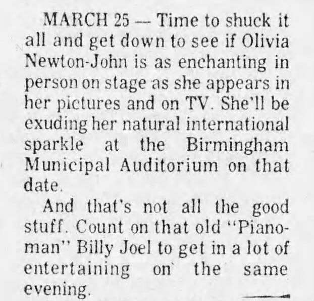 Olivia to perform Birmingham Municipal Auditorium, March 25 1975 - The Birmingham News